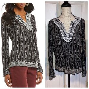 Lucky Brand Embroidered Long Sleeve Top Black White Large